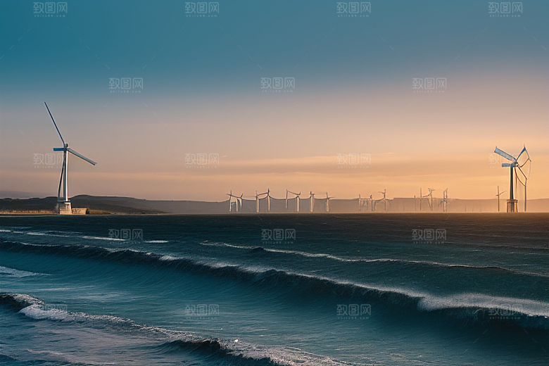 蓝色风景线海上大风车的美丽风光