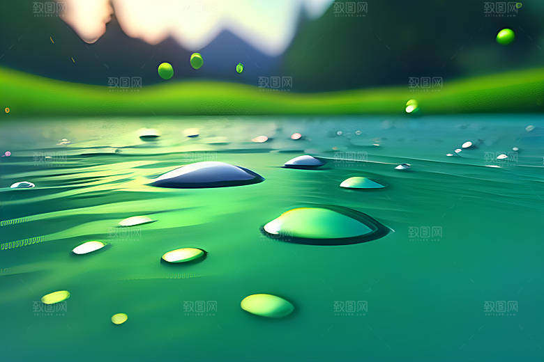 水珠绿叶背景的清澈与晶莹