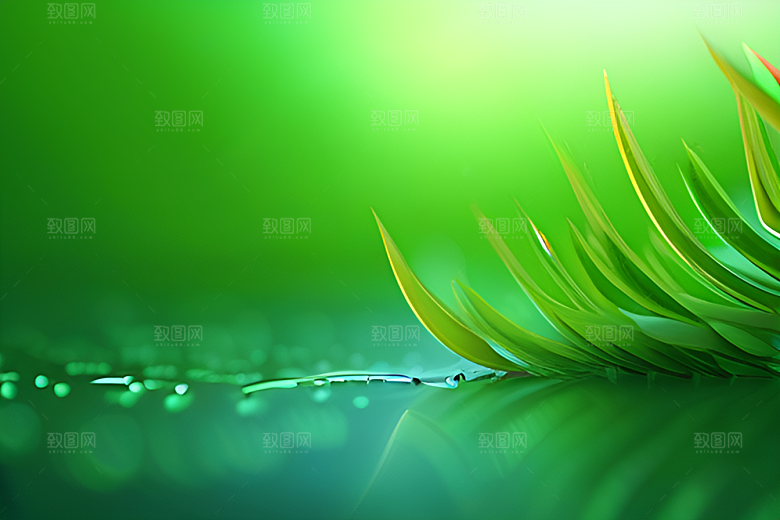 在水滴中绿色背景清新宜人