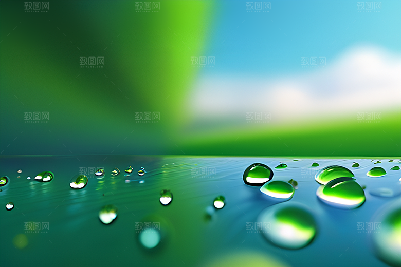 在水滴中绿色背景清新宜人