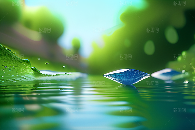 水滴在蓝天绿水中舞动