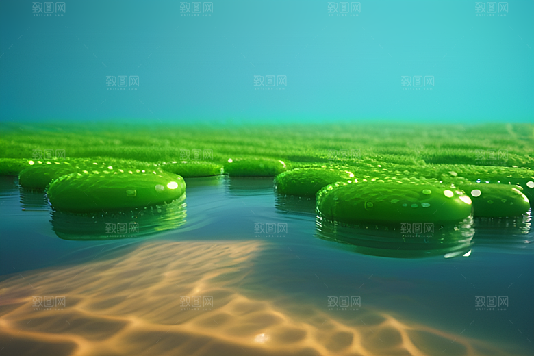 水滴在蓝天绿水中舞动