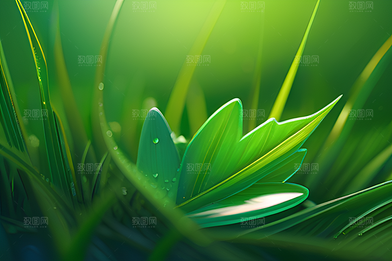 绿色背景下水滴呈现出