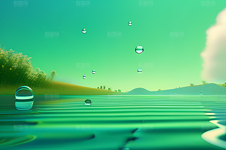 护眼青翠绿色背景下水滴如珠般散落