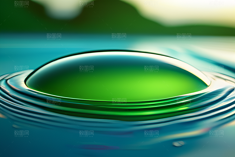护眼真实感十足的水滴在绿色背景下绽放