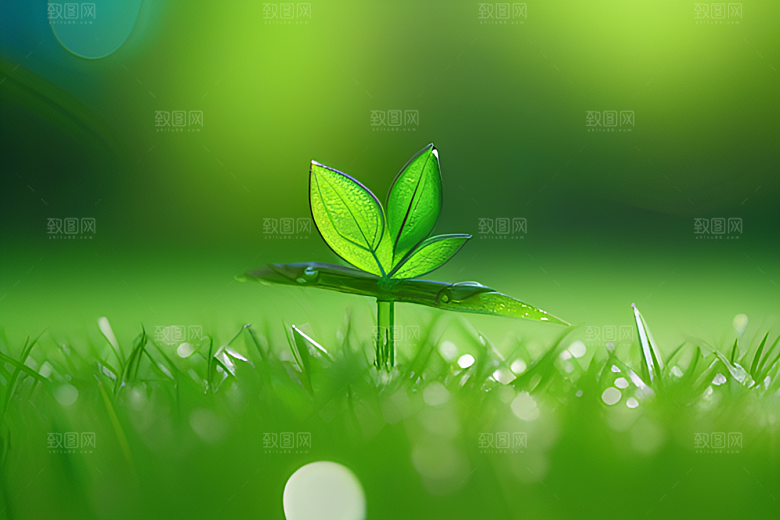 护眼真实感十足的水滴在绿色背景下绽放