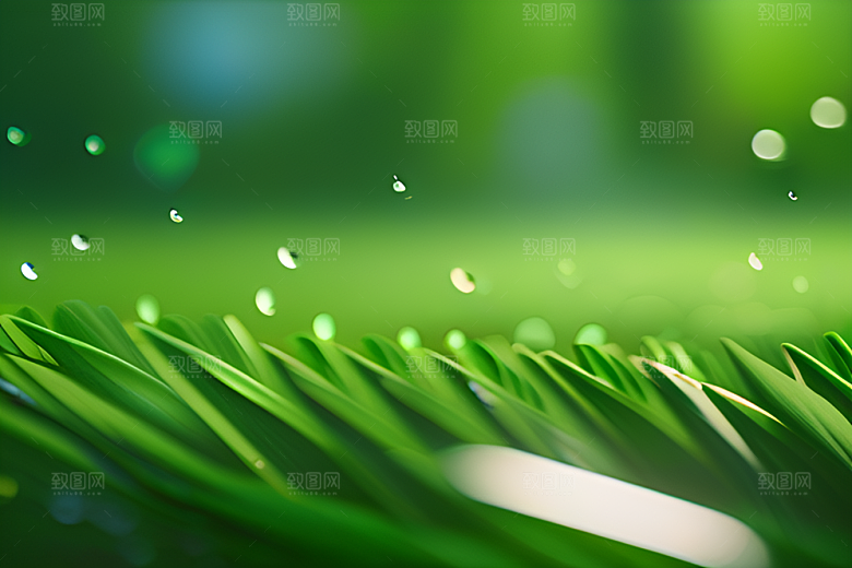 蓝天白云倒映在水滴中绿色背景清新宜人