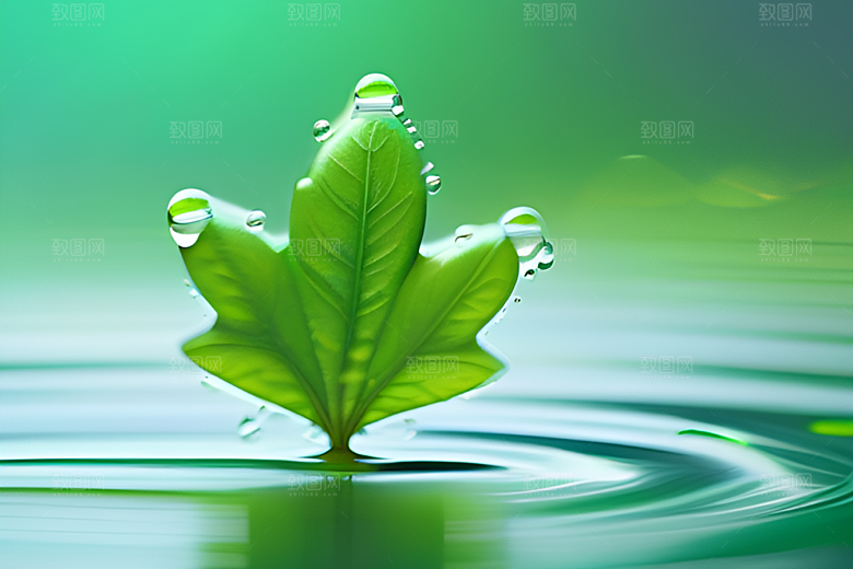 蓝天白云倒映在水滴中绿色背景清新宜人