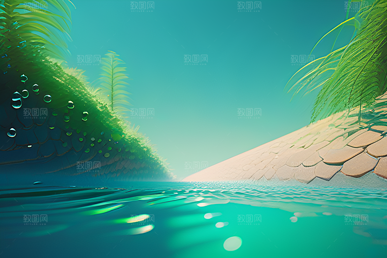 清新自然的绿色背景中水滴洒下如诗如画