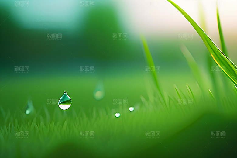 清新自然的绿色背景中水滴洒下如诗如画