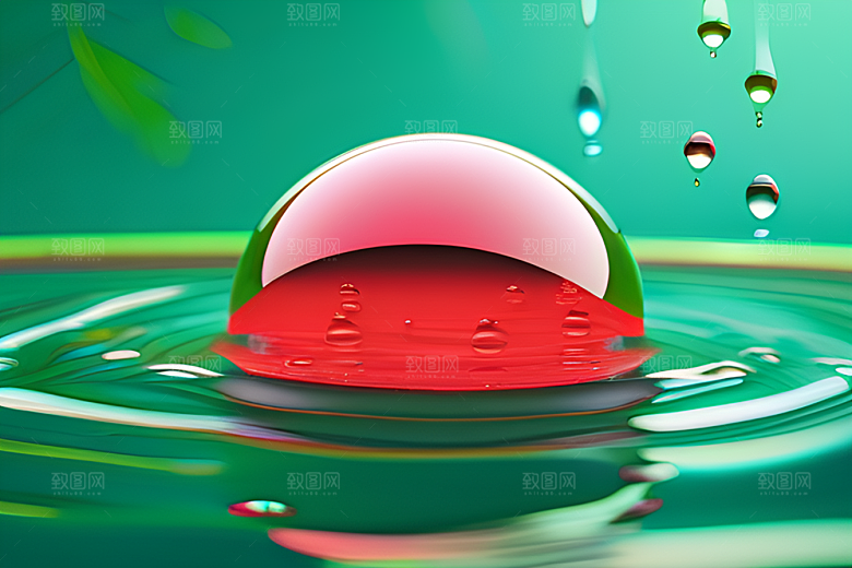清新自然的绿色背景中水滴洒下如诗如画