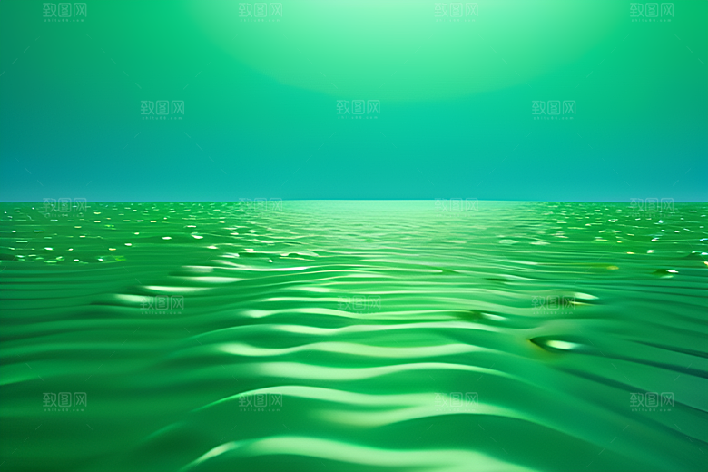 数字渲染的水滴在蓝天绿水中舞蹈