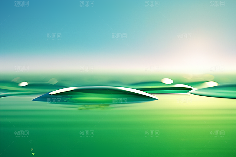 数字渲染的水滴在蓝天绿水中舞蹈