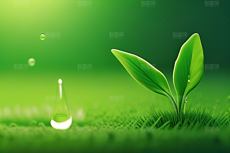 数字渲染的水滴在蓝天绿水中舞蹈
