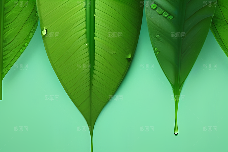 数字渲染的水滴在蓝天绿水中舞蹈