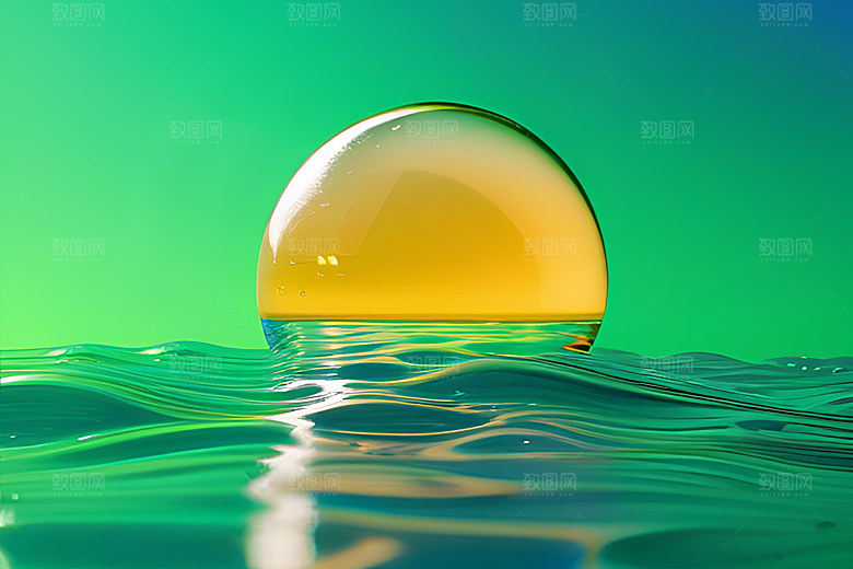 数字渲染的水滴在蓝天绿水中舞蹈