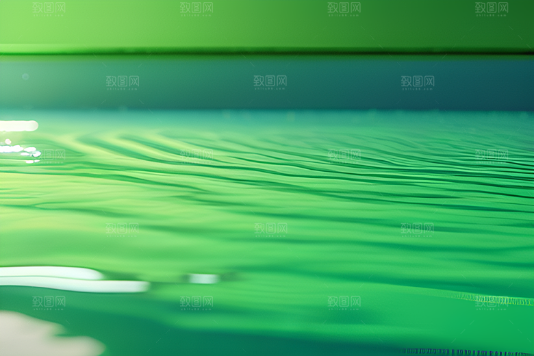数字渲染的水滴在蓝天绿水中舞蹈