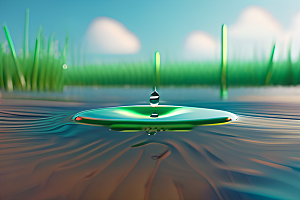 数字渲染的水滴在蓝天绿水中舞蹈