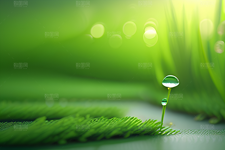 绿色背景下水滴绽放出多彩的光彩