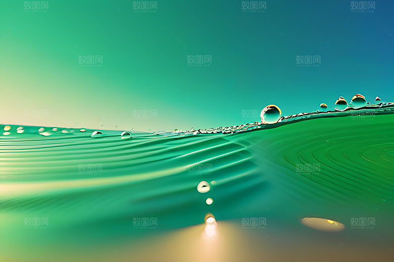 绿色背景下水滴绽放出多彩的光彩
