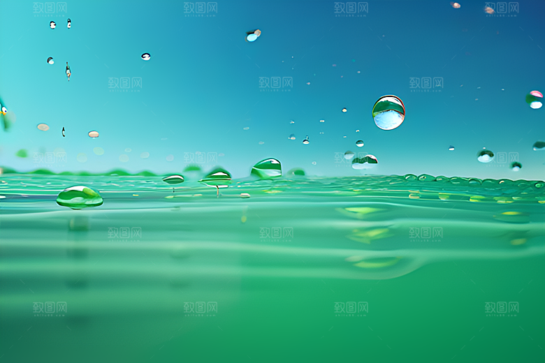 神秘的绿色背景下水滴闪烁着迷人的光芒