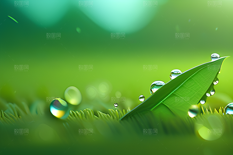 神秘的绿色背景下水滴闪烁着迷人的光芒