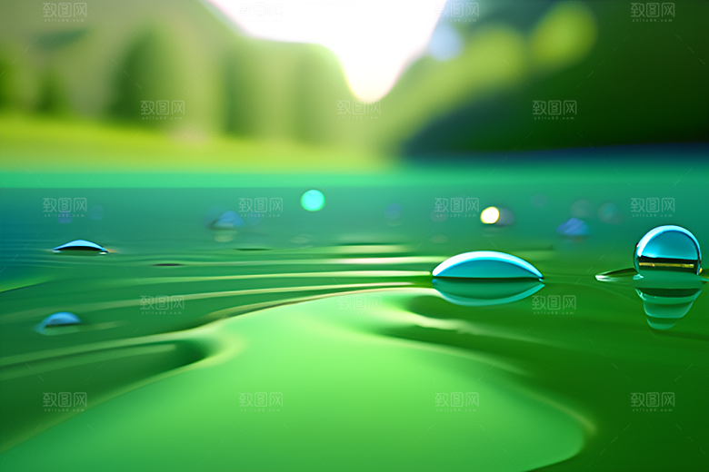数字渲染的水滴在绿色背景中绽放魅力