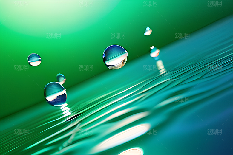 数字渲染的水滴在绿色背景中绽放魅力