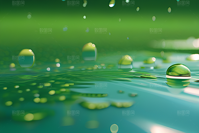 数字渲染的水滴在绿色背景中绽放魅力