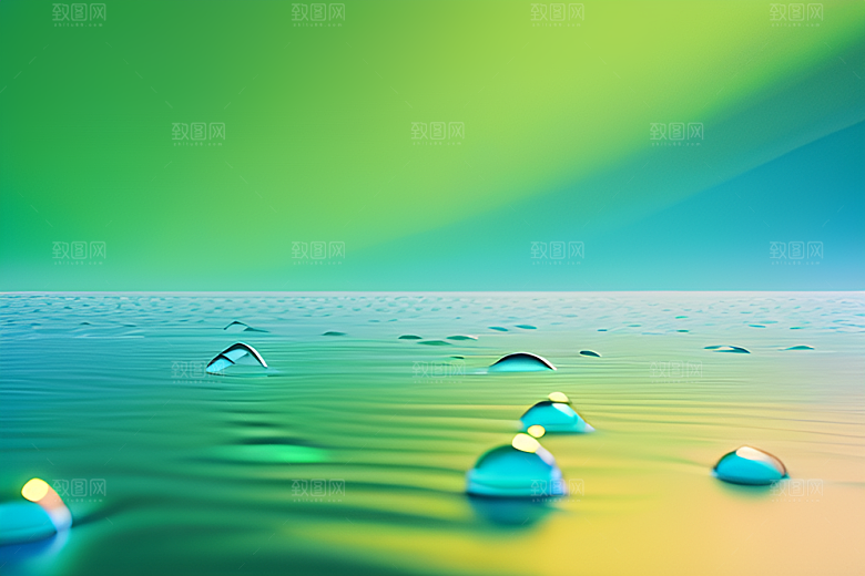 蓝天白云倒映在水滴中绿色背景清新宜人
