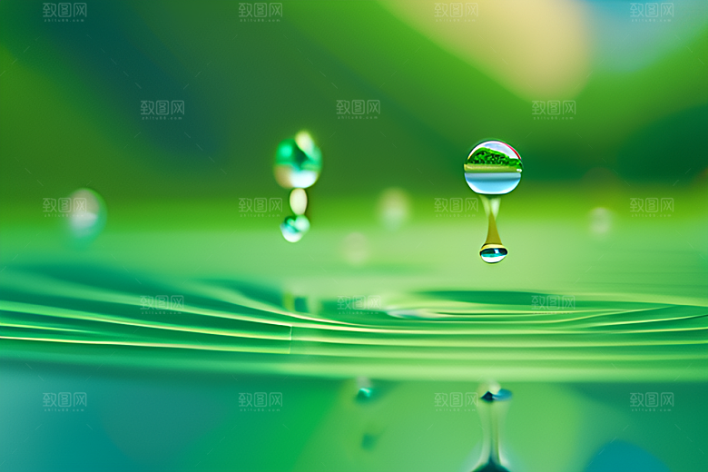 蓝天白云倒映在水滴中绿色背景清新宜人