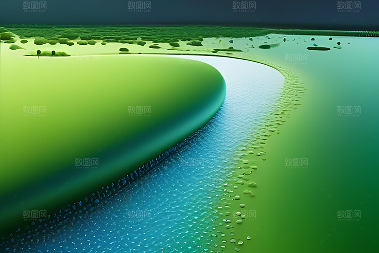 蓝天白云倒映在水滴中绿色背景清新宜人