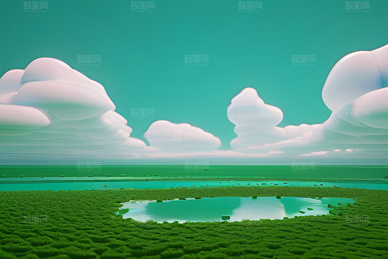 蓝天白云倒映在水滴中绿色背景清新宜人