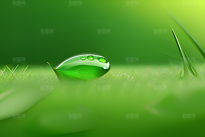 真实感十足的水滴在绿色背景中跃动