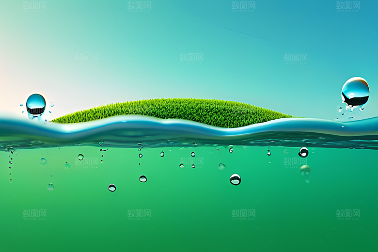 真实感十足的水滴在绿色背景中跃动