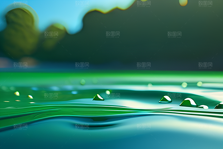 真实感十足的水滴在绿色背景中跃动