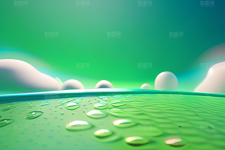 真实感十足的水滴在绿色背景中跃动