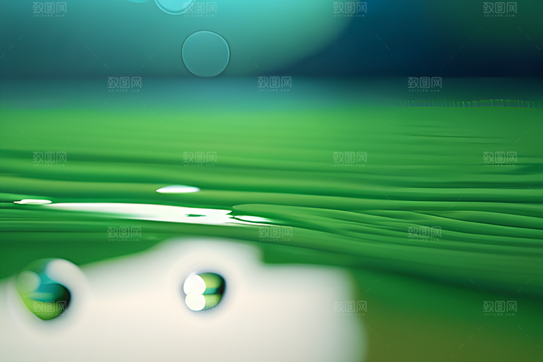 数字渲染的水滴在蓝天绿水中舞动