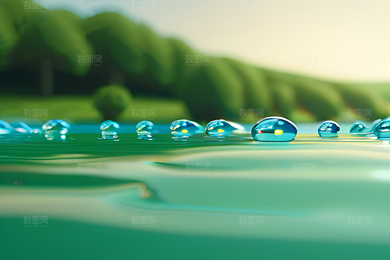 真实感十足的水滴在绿色背景中跃动