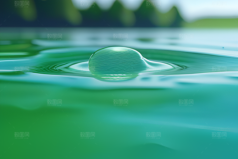 数字渲染的水滴在蓝天绿水中舞动