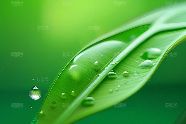 数字渲染的水滴在蓝天绿水中舞动