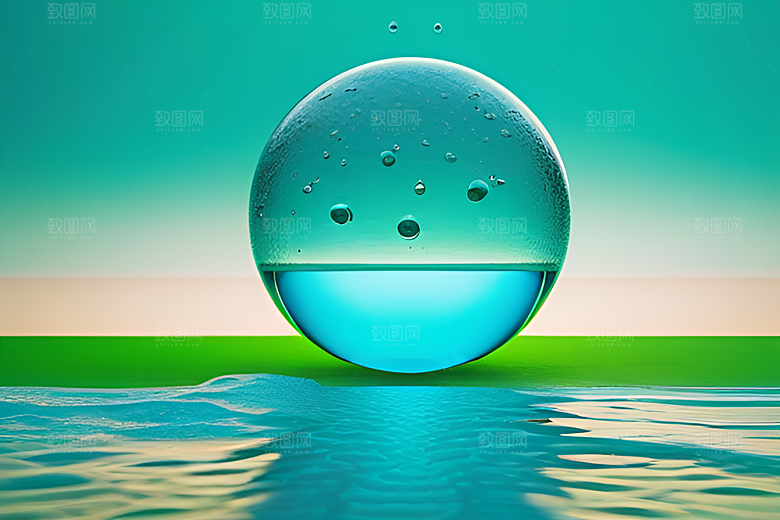 数字渲染的水滴在蓝天绿水中舞动
