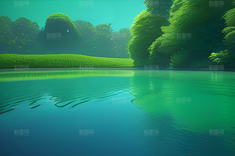 绿色背景下水滴呈现出绚丽多彩的色彩