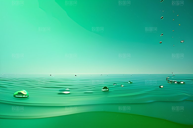 绿色背景下水滴呈现出绚丽多彩的色彩