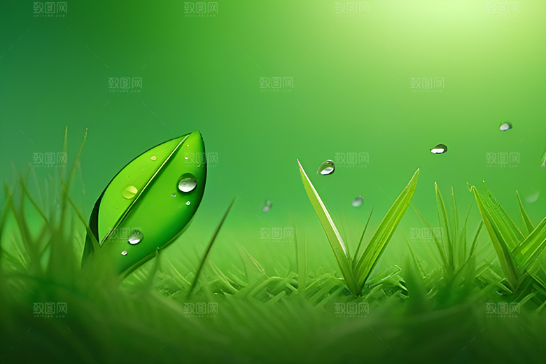 神秘的绿色背景中水滴散发出迷人的光芒