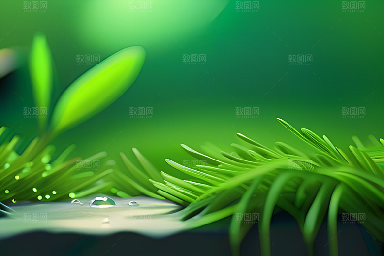 神秘的绿色背景中水滴散发出迷人的光芒