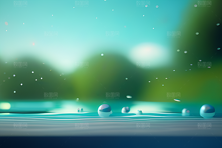 神秘的绿色背景中水滴散发出迷人的光芒