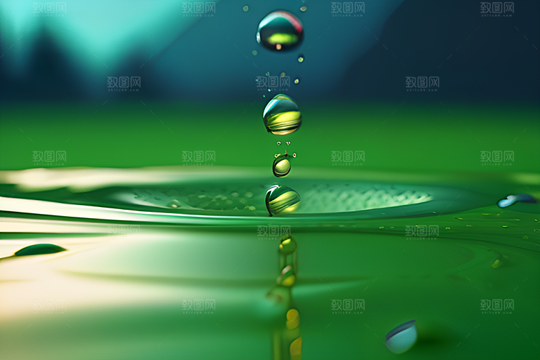 真实感呈现的水滴照片绿色背景生机盎然