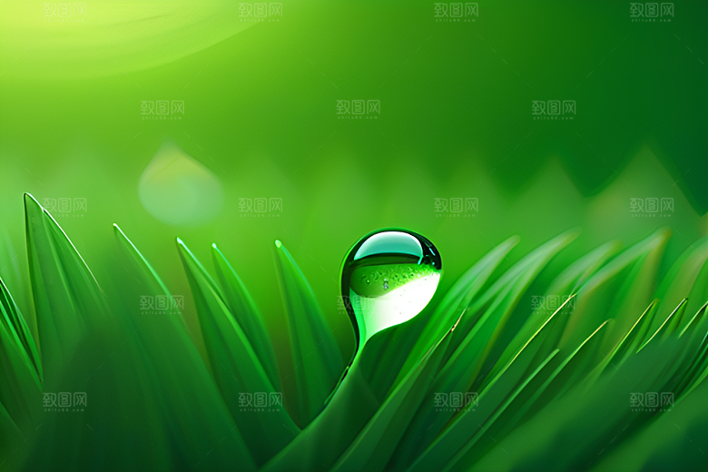 真实感呈现的水滴照片绿色背景生机盎然