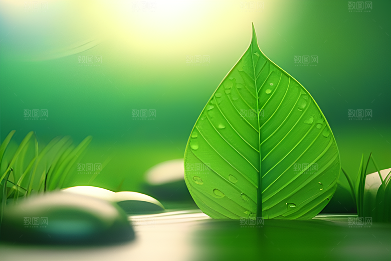 真实感呈现的水滴照片绿色背景生机盎然